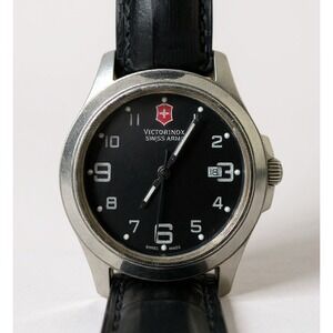 Victorinox Swiss Army Watch Black Dial Silver Case Leather Strap Date